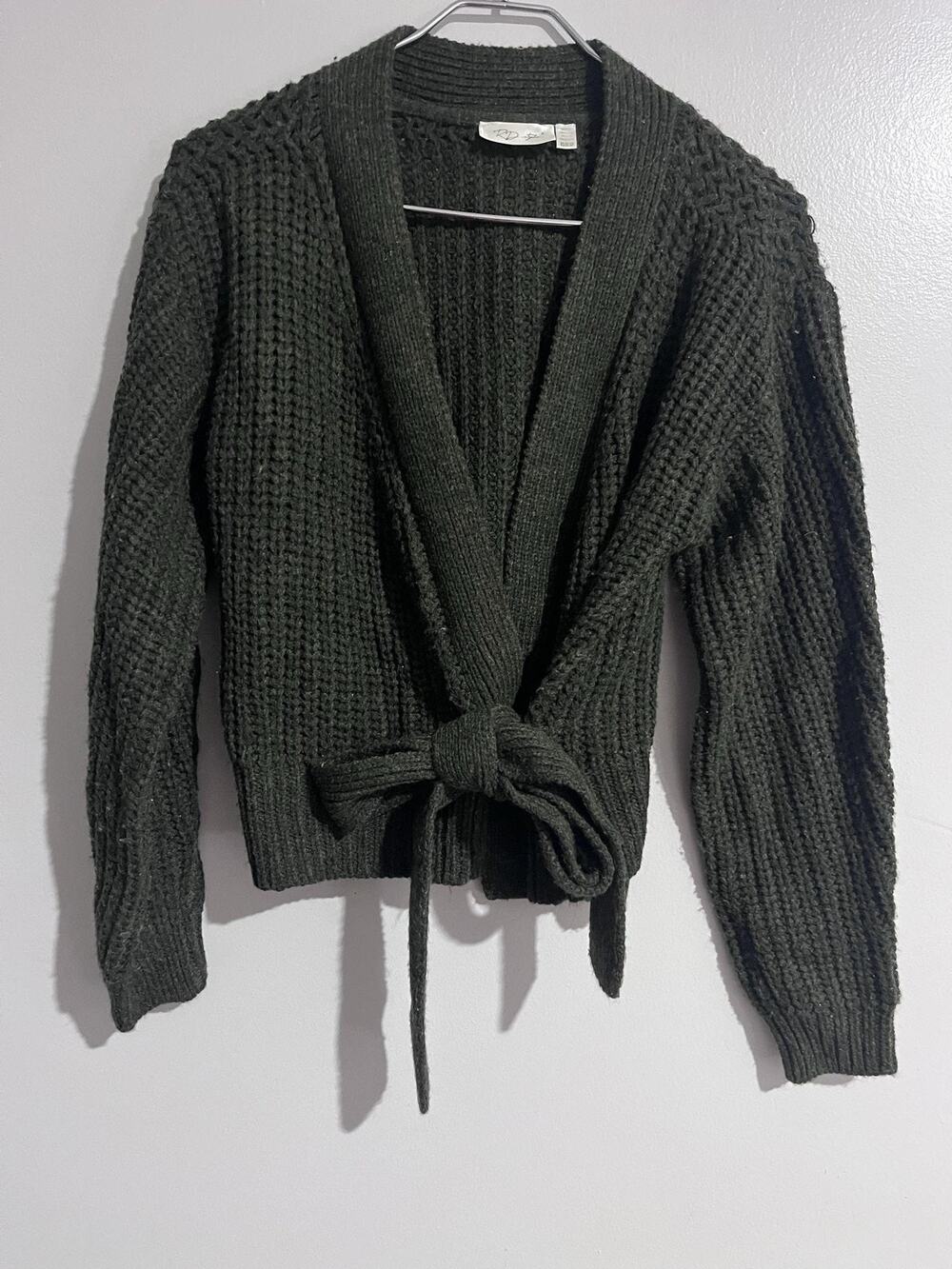 RD Style Cardigan Womens XS Green Waffle-Knit Belted Open Heavyweight Bow Accent